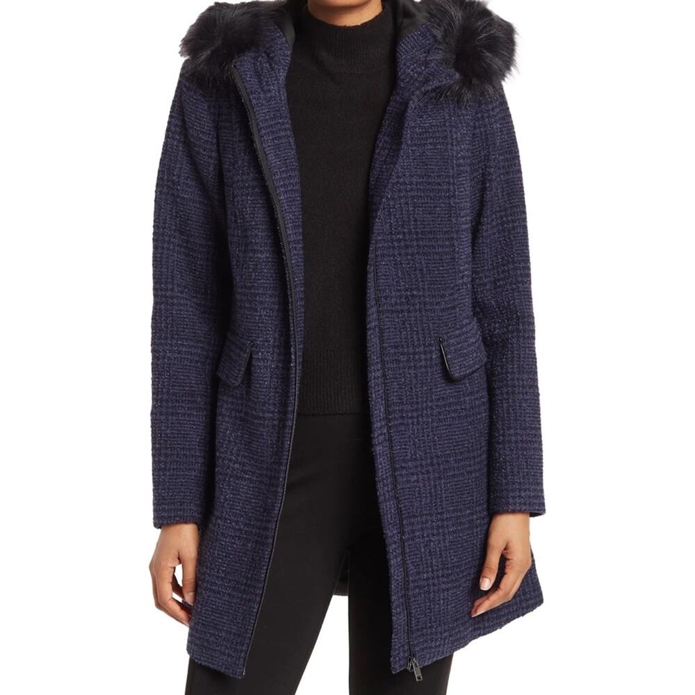 New Novelti Faux Fur Trim Hooded Bouclé Plaid Jacket in Navy Women's Size 8